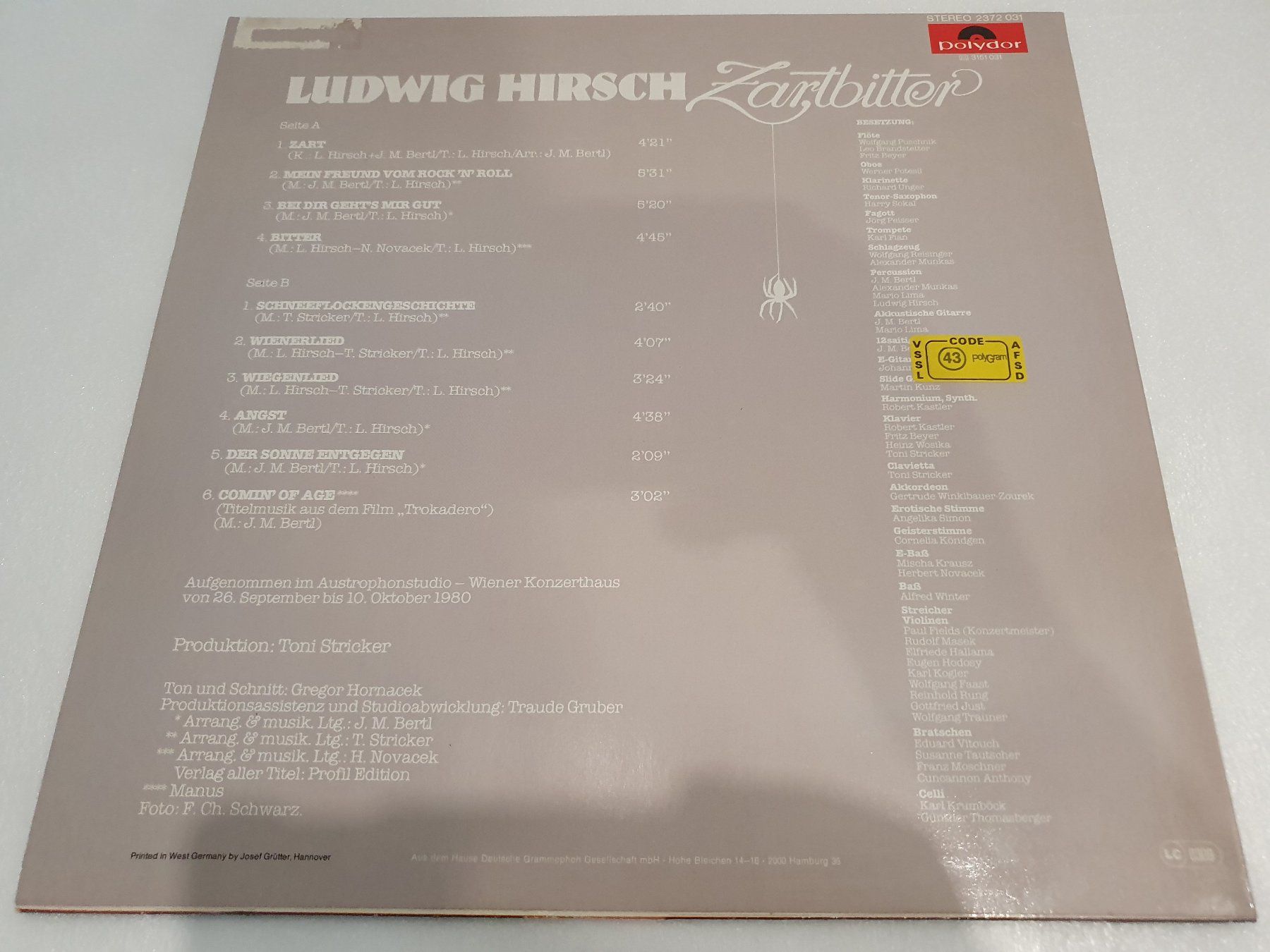 Schallplatten: Ludwig Hirsch – Zartbitter – Gebraucht aus Uster von Vinyl-Leidenschaft 1