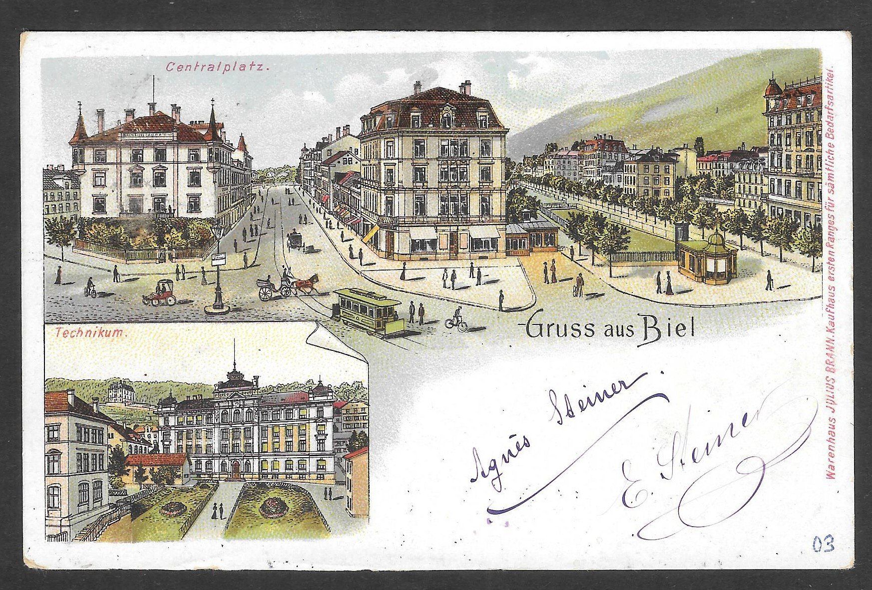 Ansichtskarten: Biel - Bienne farbige Lithografie Centralplatz Technikum – Gebraucht aus Olten von clotaldi