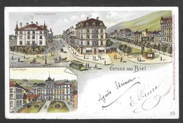 Biel - Bienne farbige Lithografie Centralplatz Technikum