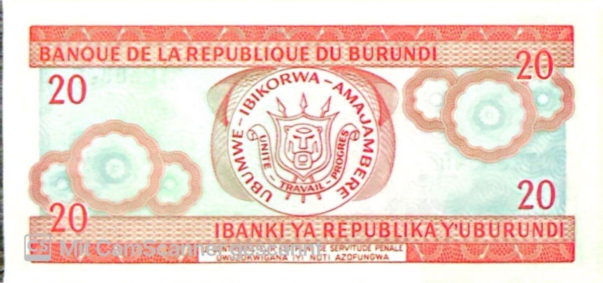 Banconote: Seltene Banknote Burundi 20 Francs 1997 – Nuovo (secondo la descrizione) da Madiswil venduto da Bilranis1071 1