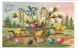 Fröhliche Ostern - Küken transportieren Eier - Präge-Litho
