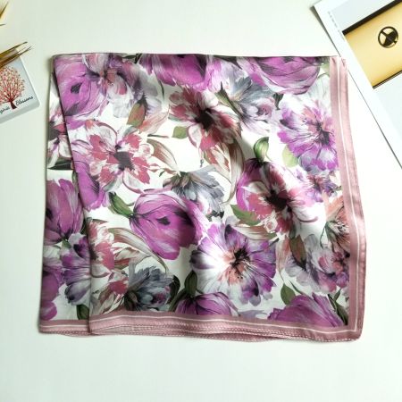 New 53cm Silk Scarf Floral Pink Purple Flowers Neckscarf