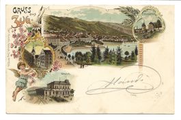 Gruss aus Zug - Stadt - Rathaus - Bahnhof - tolle Litho 1900