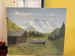 E. Fuchs Original Gemälde Schweizer Alpen Hütte Landschaft