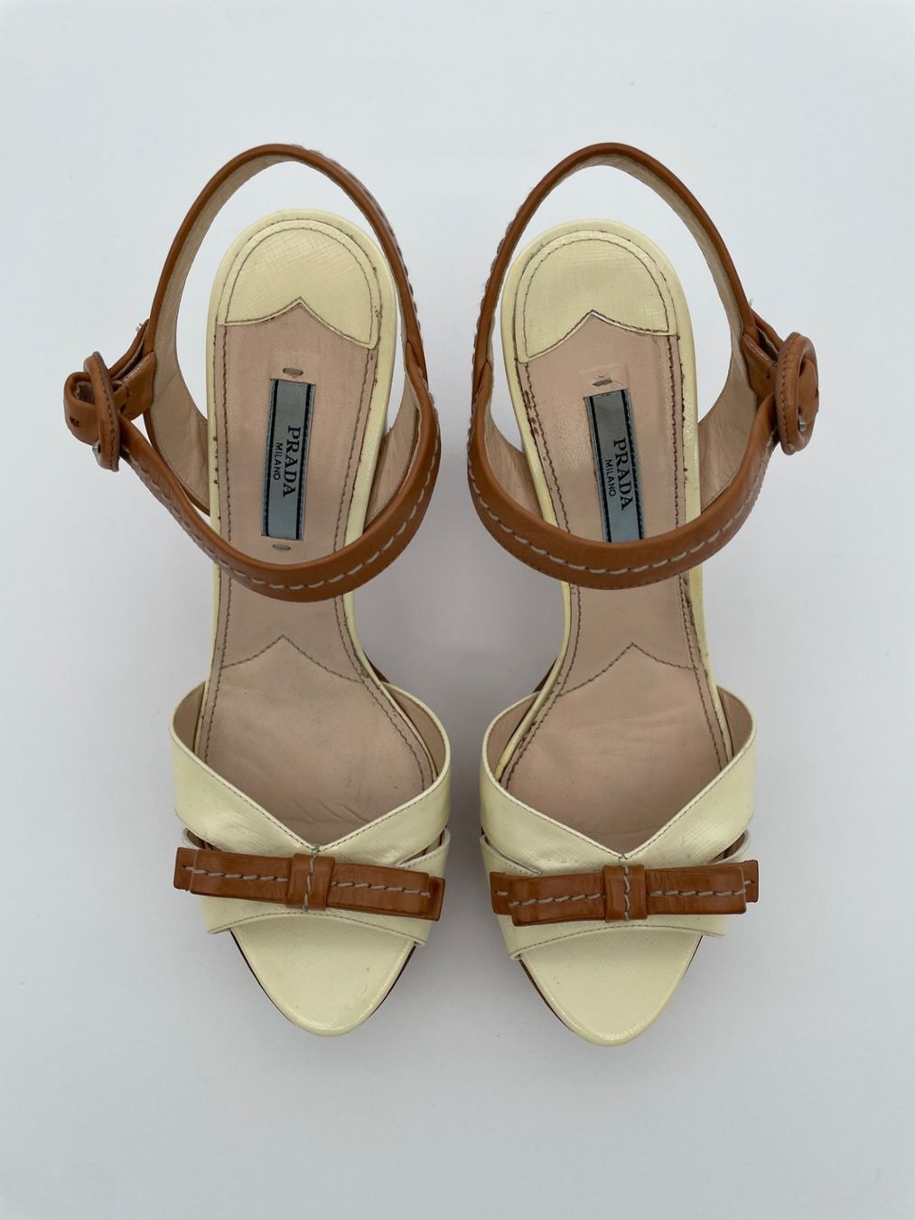 Prada Scarpe da donna: Prada Bicolor Cork Platform Sandale mit Absatz EU 38 Beige – Usato da Zürich venduto da shoe_shop 4