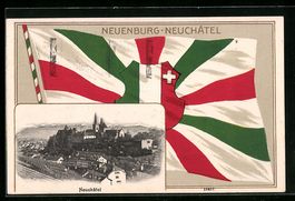 AK Neuchâtel, Ortsansicht mit Flagge