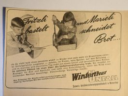 Antike Werbung Fritzli Bastelt Marieli schneidet Brot Unfall
