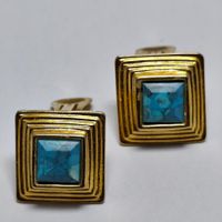 Vintage Ohrclips vergoldet quadratisch blau Türkis #C1