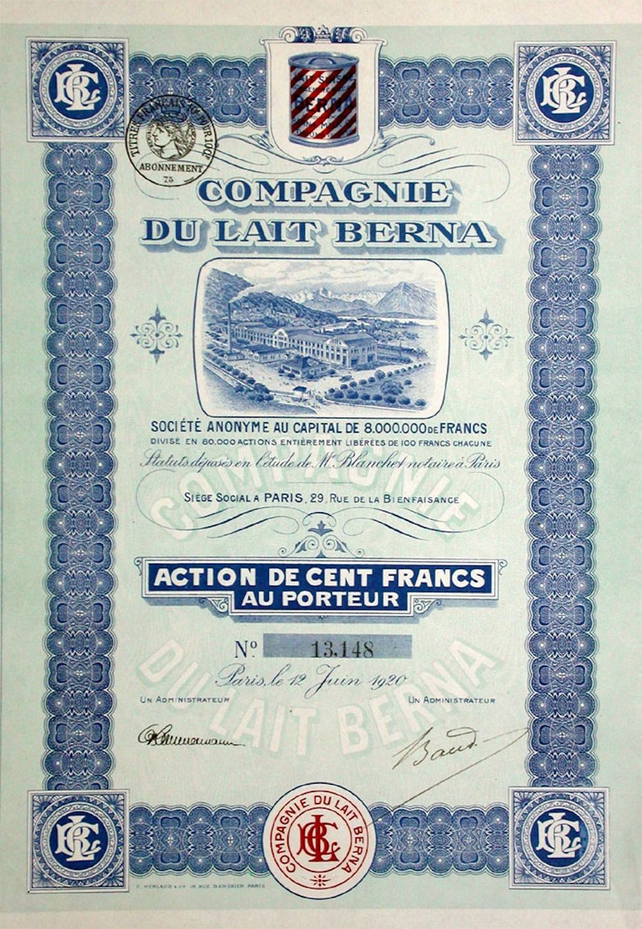 Documenti: Compagnie du Lait Berna, Paris - 1920 – Usato da Solothurn venduto da Sgasche