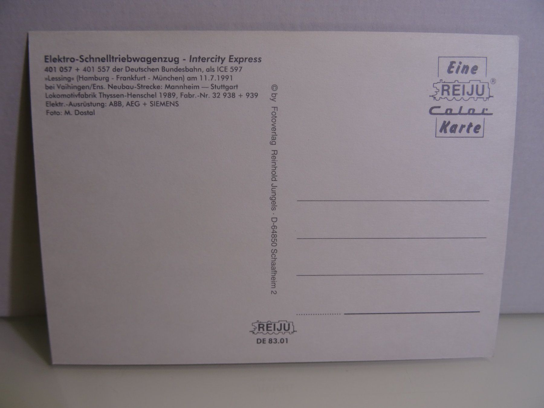 Ansichtskarten: Ansichtskarte "DB ICE 401 057 " ICE 597 Lessing 11.7.1991 – Gebraucht aus Teufen AR von Brandan2171 1