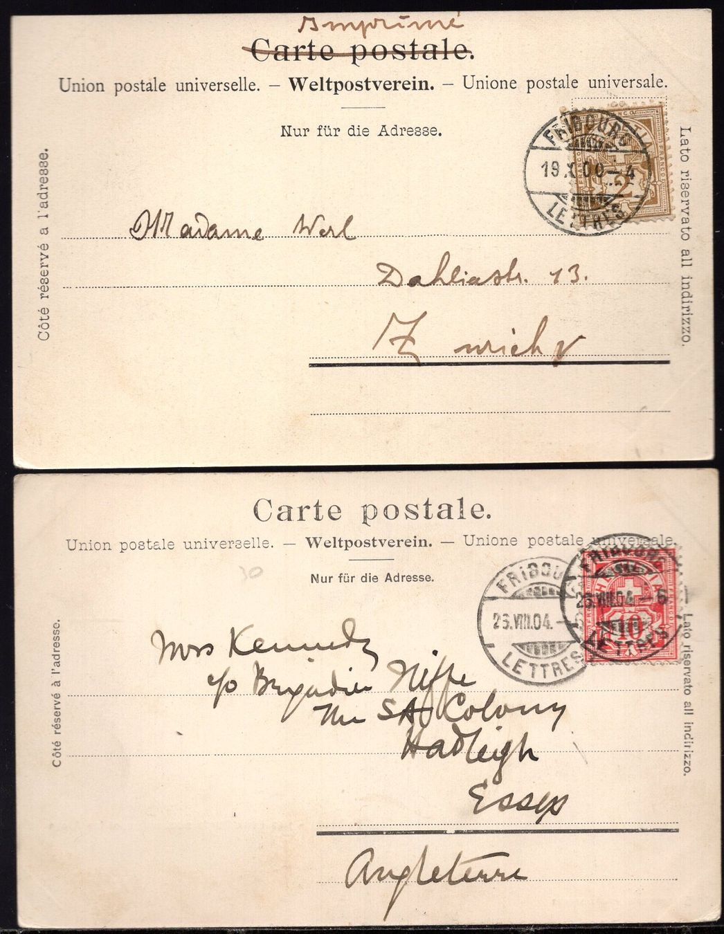 Cartoline postali: Fribourg    1900 + 1904  2 Karten – Usato da Aarau venduto da kufi44 1
