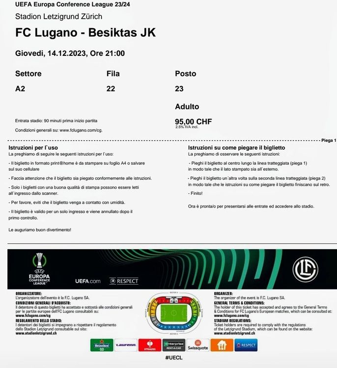 FC Lugano vs Besiktas JK Europa Conference League Tickets on sale