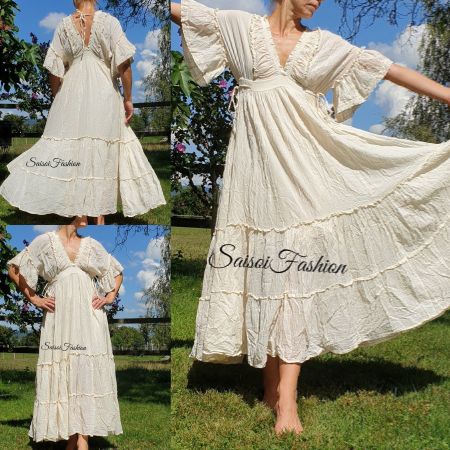 Natur, Boho100%Baumwolle Sommerkleid,Maxikleid S-XL