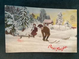 Alte AK Prosit Neujahr Kinder Winter Schlitten