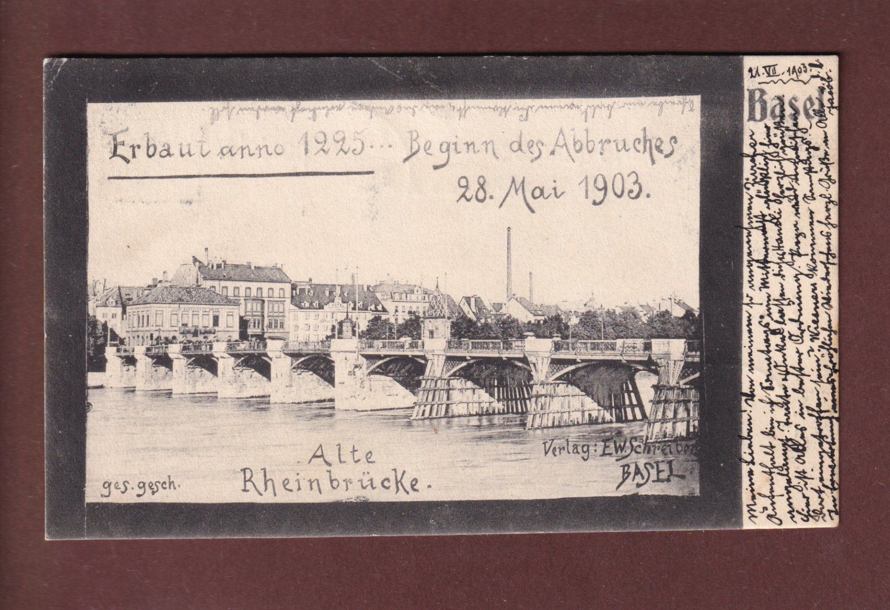 Cartoline postali: BASEL - Alte Rheinbrücke - 1903 – Usato da Pully venduto da nicecards