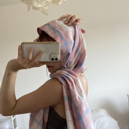 Schal kariert rosa weiss blau mit Fransen guter Zustand