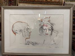 R.Knie Mystische Lithographie mit Totenkopf & Frauenportrait