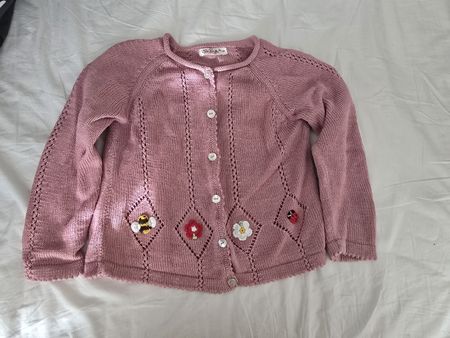 Handmade pink knitted cardigan with cute bee & ladybug