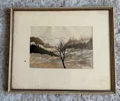 Aquarell Landschaft mit Baum, gerahmt und signiert