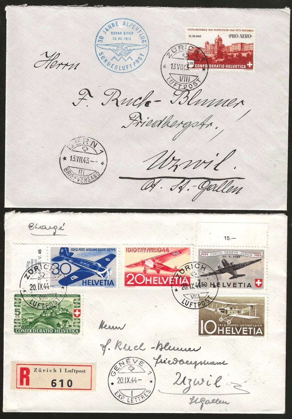 Tutti i francobolli: 1943/1944 : 2 Flugpost Briefe – Usato da Gümligen venduto da Geniusbuy