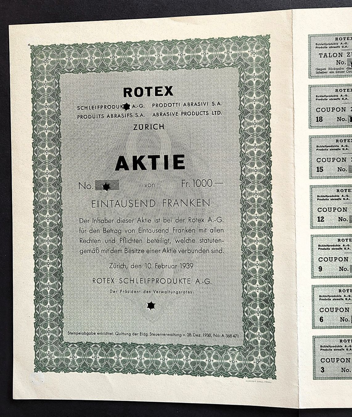 Documenti: Aktie Rotex, Zürich - 1939 – Usato da Gossau ZH venduto da granby 1