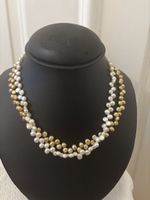 Collier de perles naturelles blanches et dorées, neuf!
