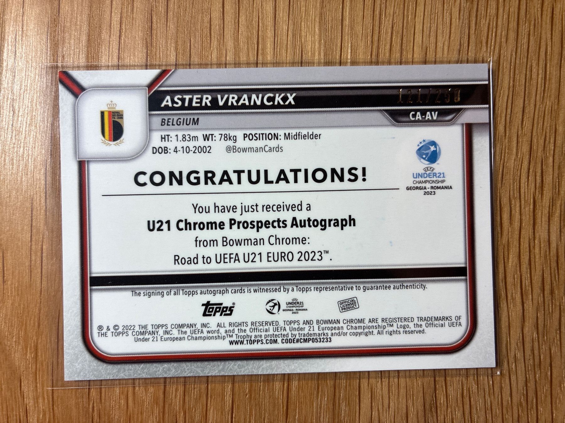 Topps Carte collezionabili: Topps Chrome Bowman Aster Vranckx 1st Autogramm /250 – Usato da Wangenried venduto da Garagara 1