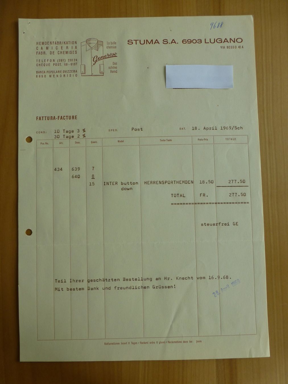 Documenti: Lugano, Stuma SA Herrenfabrikation 1969 – Usato da Bettlach venduto da 1saurer