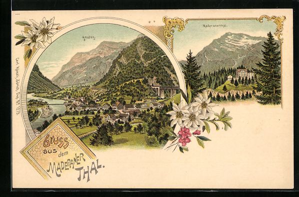 Cartoline postali: Litho Amsteg, Gruss aus dem Maderaner Th – Usato da Berlin venduto da bartko-reher