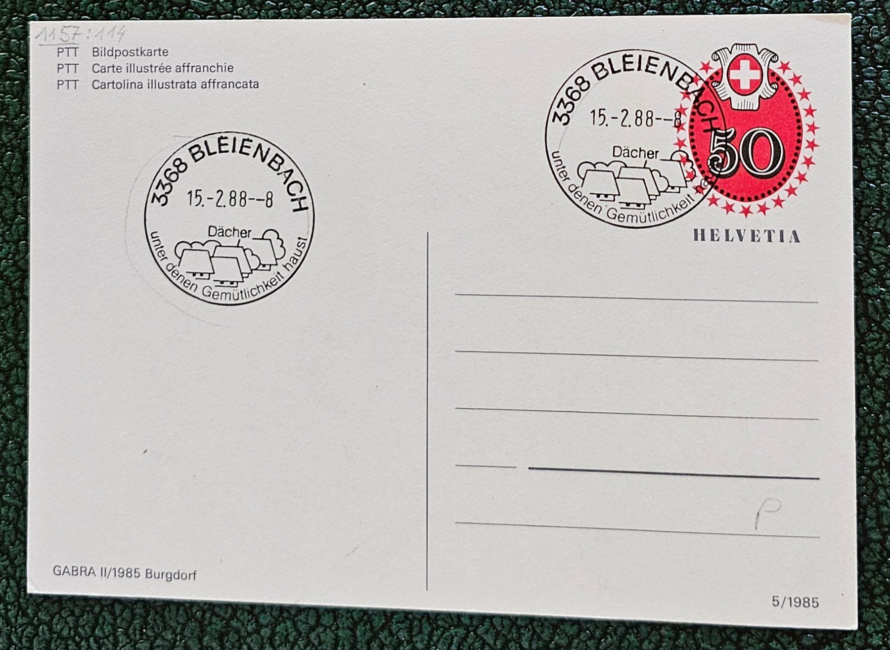 Tous les timbres: Ganzsache mit Sst BLEIENBACH 15.2.88 – Neuf (Voir description) à Les Valettes par Nuba1