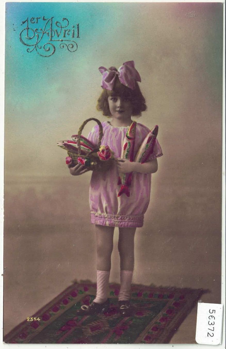 Cartoline postali: 1. April - Mädchen mit Fischkorb - coloriert – Usato da Ettingen venduto da Kartenplanet