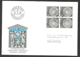 FDC Nr. 613 Viererblock Astronom Uhr Bern ET Bern 21.2.1980