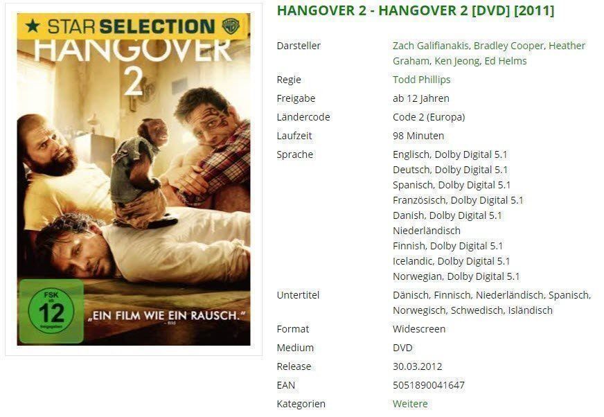 Tutti i DVDs: HANGOVER 2 - [DVD] – Usato da Buchrain venduto da Sssschaller