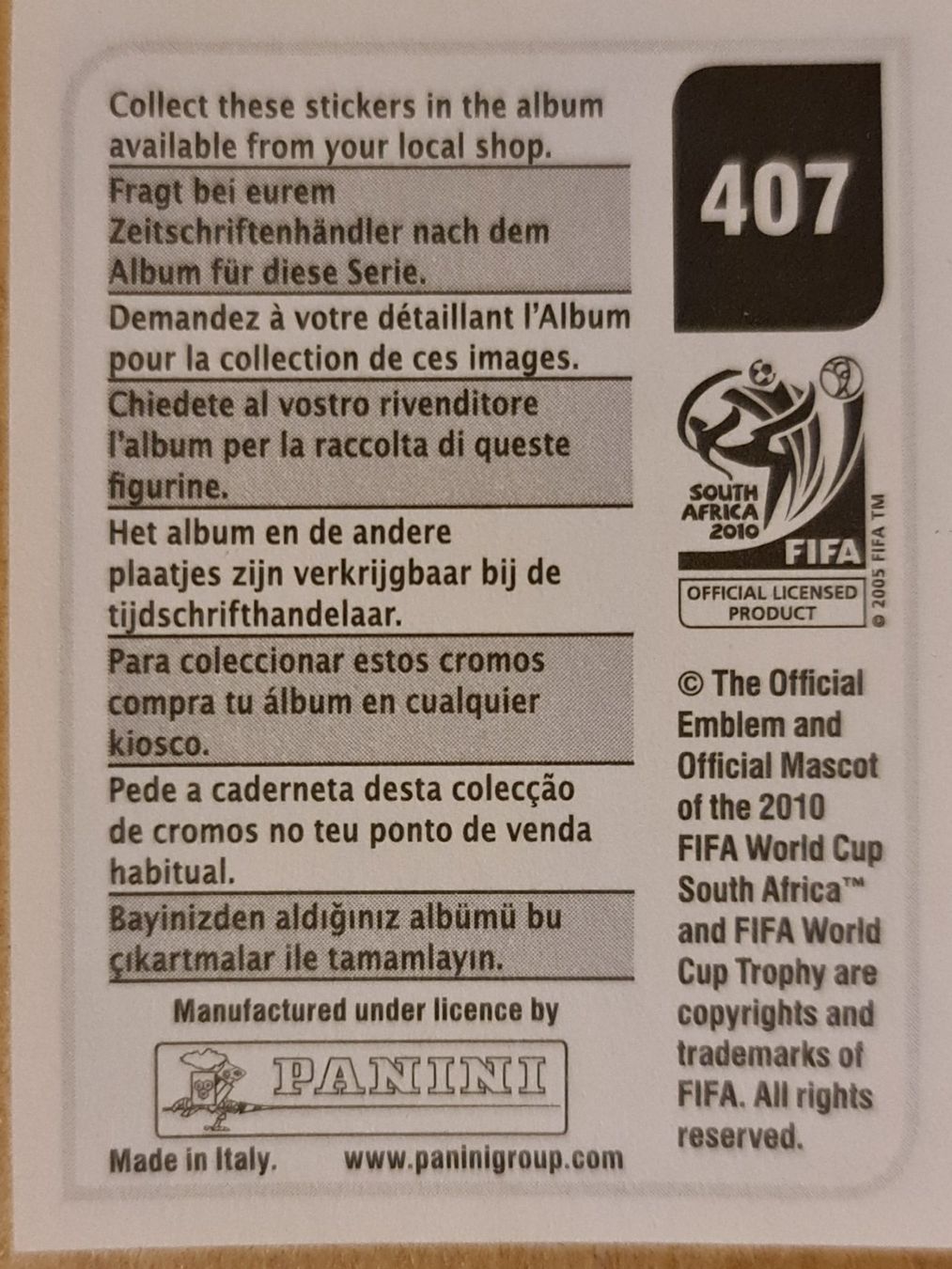 Panini Carte collezionabili: Panini WM 2010 Nr. 407 – Nuovo (secondo la descrizione) da Dintikon venduto da Prime-shop 1