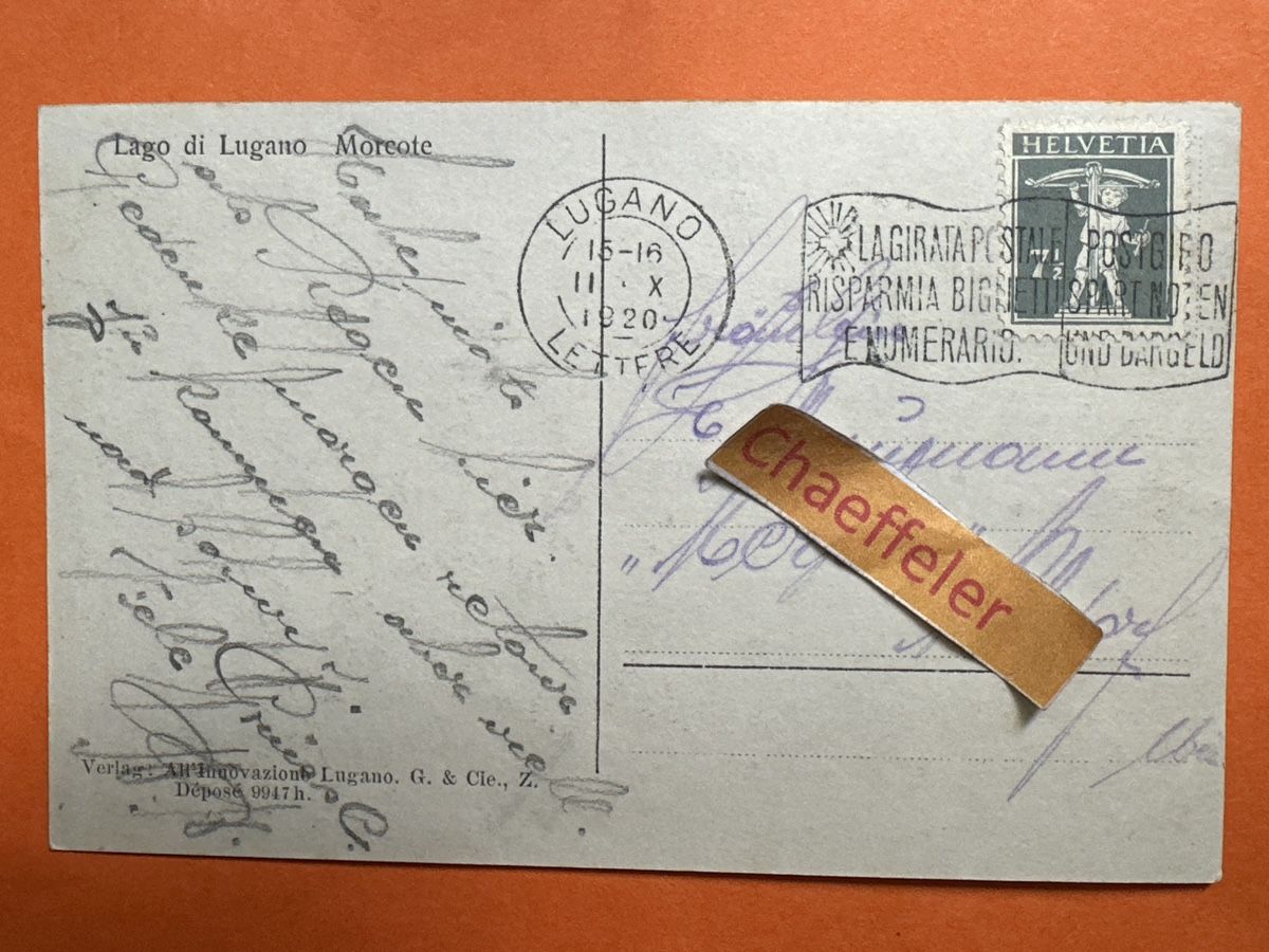 Cartoline postali: 1920 Lago die Lugano Marcote. – Usato da Zürich venduto da Chaeffeler 1