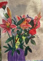 Gemälde Blumenstrauss lila Vase Acryl auf Leinwand