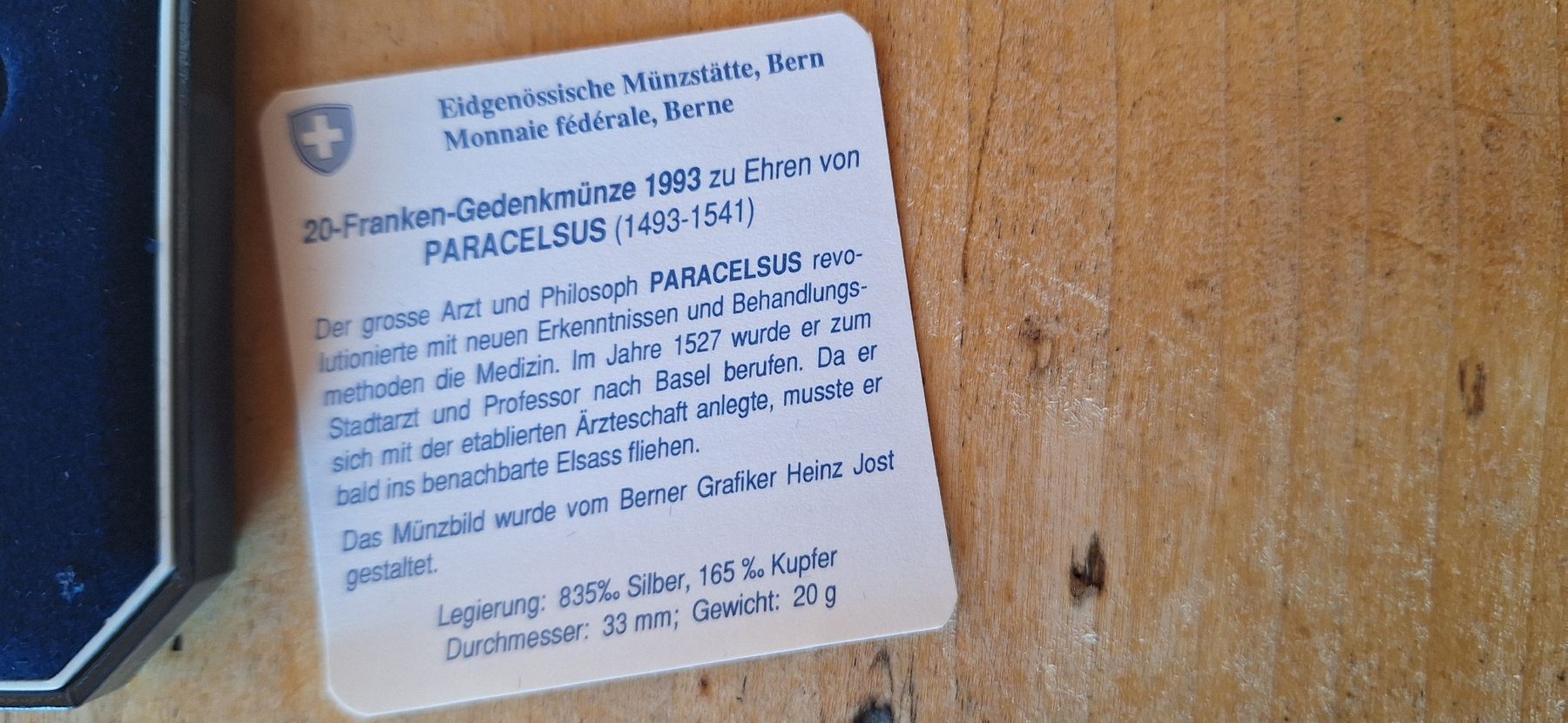 Alle Münzen: Pièce commémorative 20 francs 1993, PARACELSE – Neu und originalverpackt aus Le Sentier von Loorenz 2