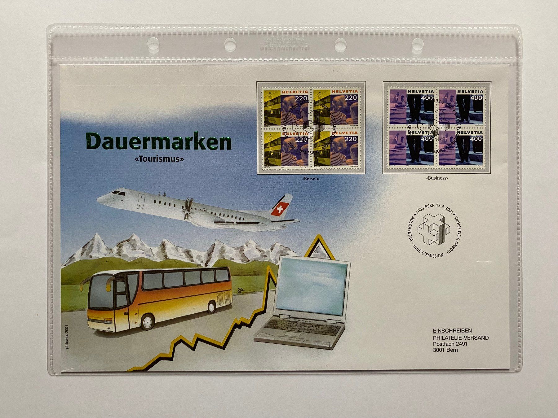 Tutti i francobolli: FDC Grossbrief Dauermarken Tourismus 2001 ET – Nuovo (secondo la descrizione) da Kirchenthurnen venduto da Scherzengel