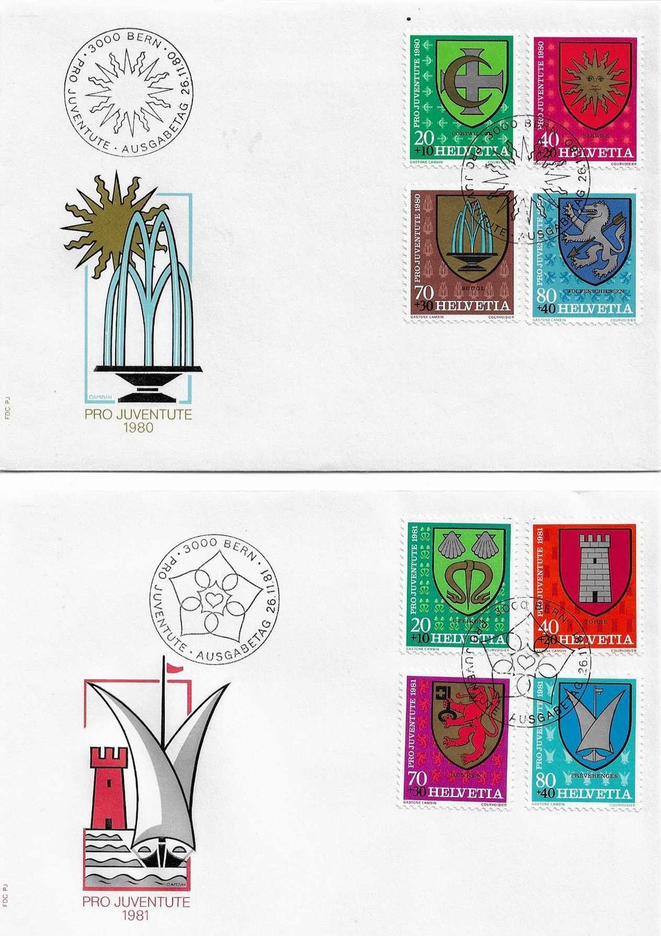Alle Briefmarken: 4 PRO JUVENTUTE FDC 1980 - 1982 + 1986 – Gebraucht aus Schlossrued von Aronliam