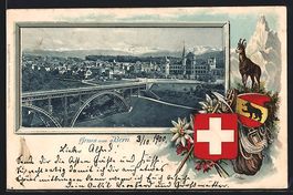 Litho Bern, Ortsansicht mit Wappen, 1900