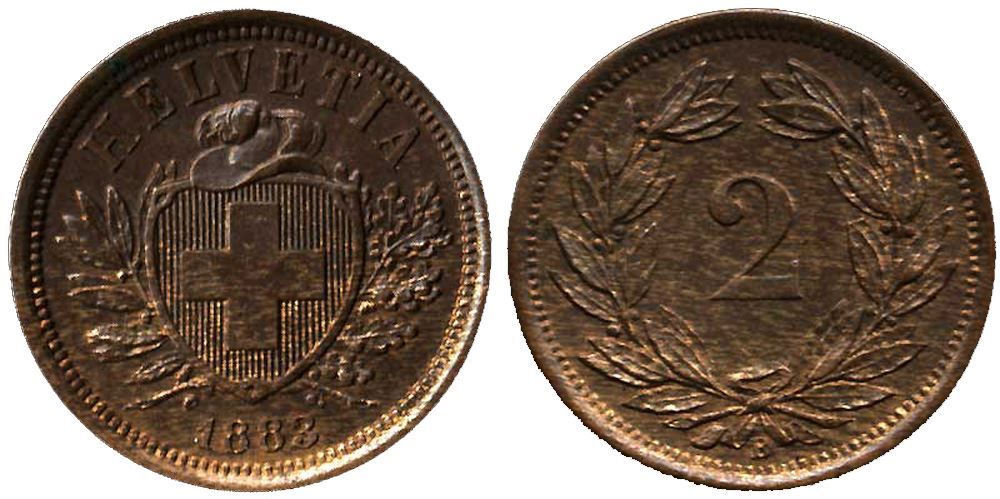 Alle Münzen: 2 Rappen 1883 (c) – Gebraucht aus Chiasso von Novamarketing