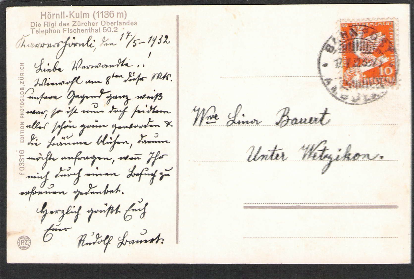 Ansichtskarten: AK,Berggasthaus Hörnli-Kulm , 1923 – Gebraucht aus Reichenburg von Pipo-67 1