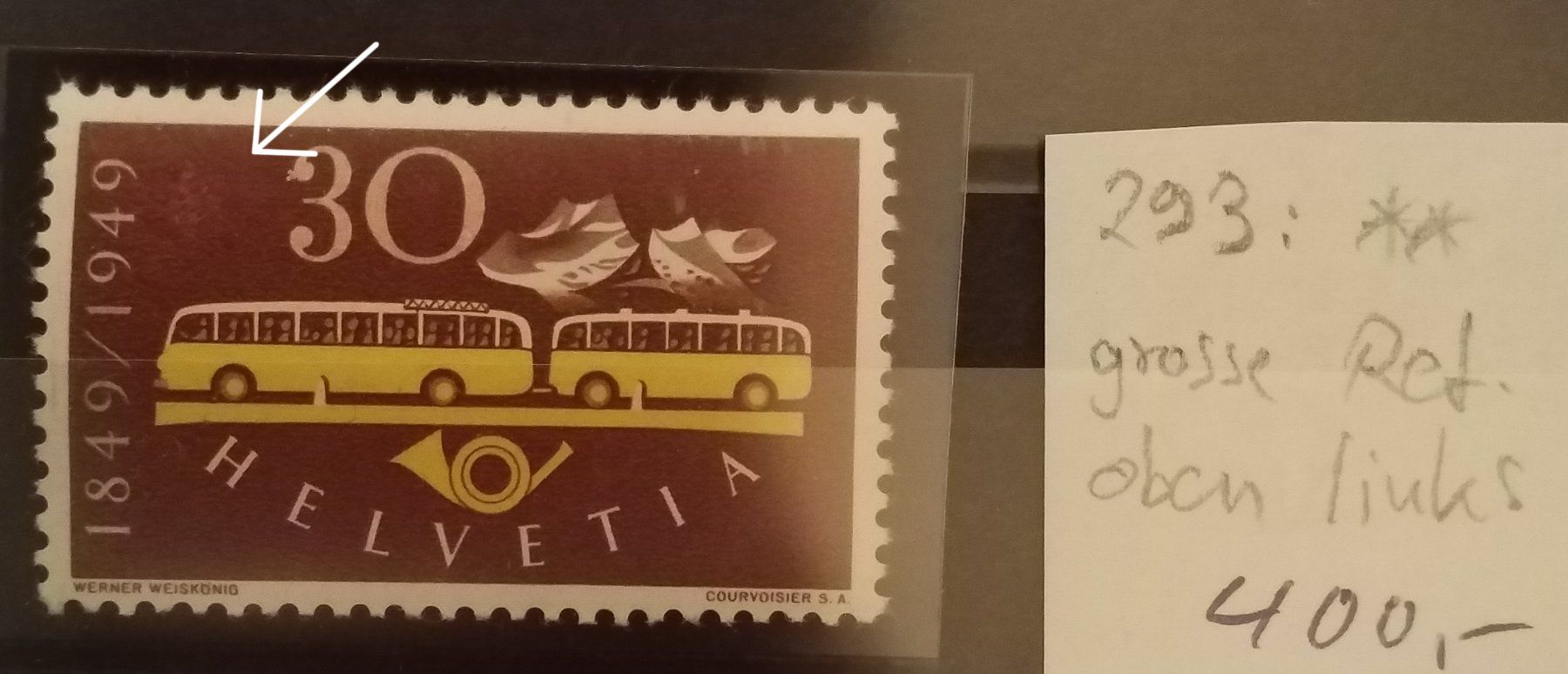 2901) 293 Ret, Abart grosse Retouche postfrisch Kt. 400.- (Neu (gemäss ...