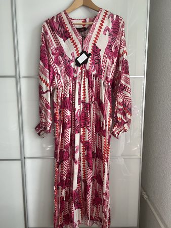 Pink Tiger Print Maxi Satin Dress - Long Sleeve - Size S