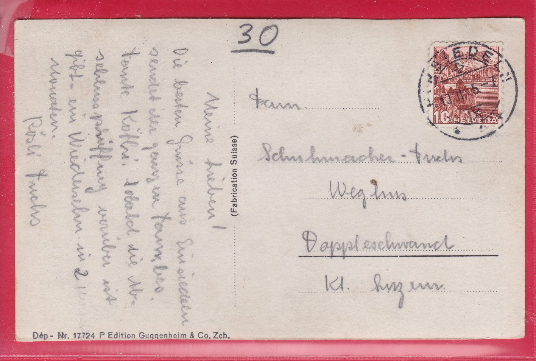 Cartoline postali: EINSIEDELN, MARIENBRUNNEN, 12.1945 – Usato da Oberrieden venduto da Gebirgsstelze 1