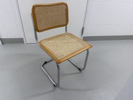 Freischwinger Stuhl mit Wiener Geflecht Holz Chromstahl
