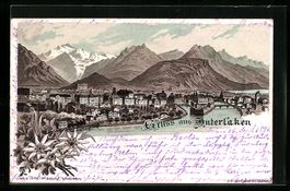 Litho Interlaken, Panorama mit Eisenbahn
