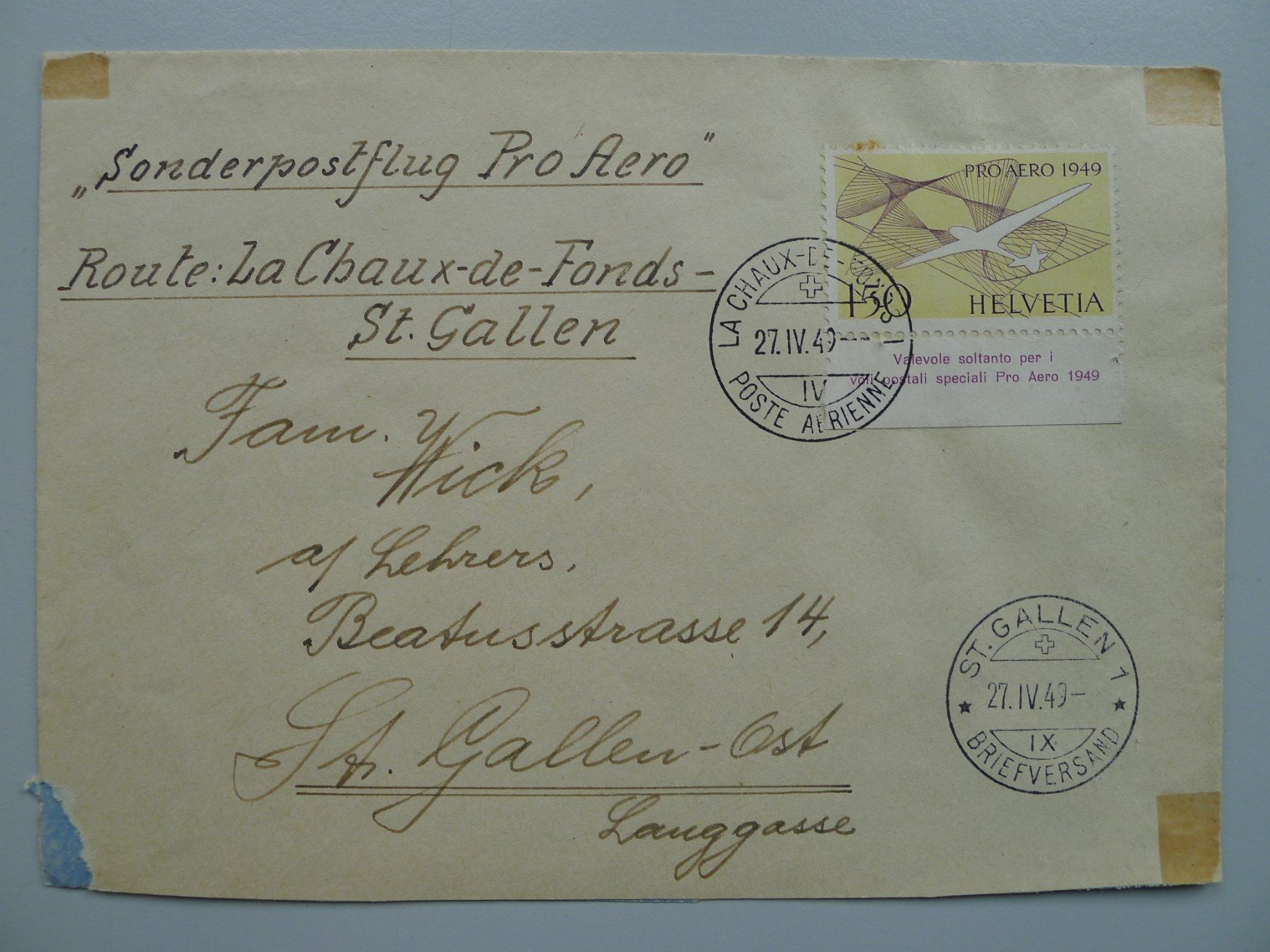 Tutti i francobolli: 1949, Flugbrief Nr.4 – Usato da Sursee venduto da Luzernerraute
