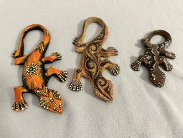 3 Stück Holz Gecko Figuren Set, Handbemalt, Deko