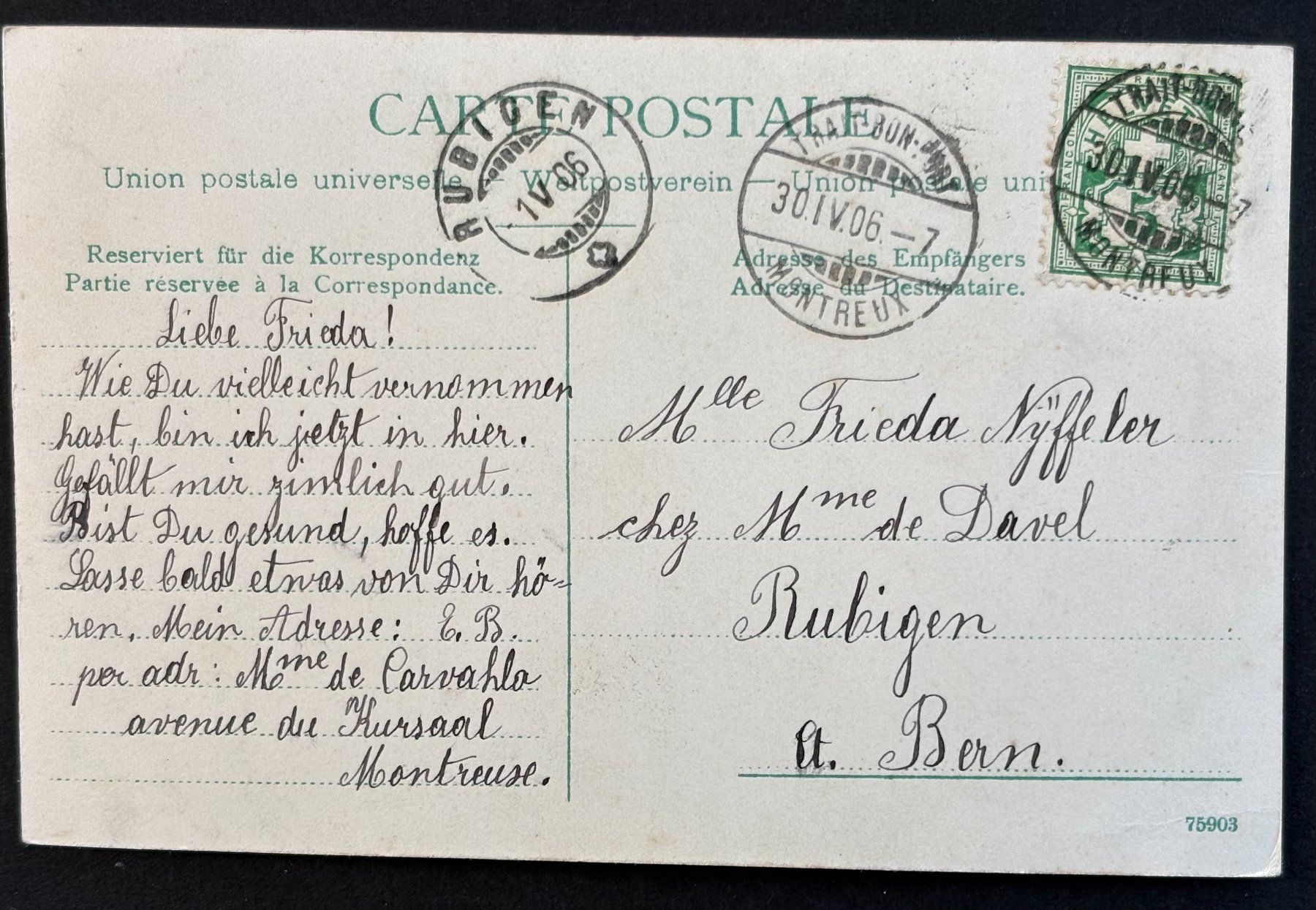 Cartoline postali: ANSICHTSKARTE MONTREUX 1906 – Usato da Ostermundigen venduto da crazy-horse-1840 1
